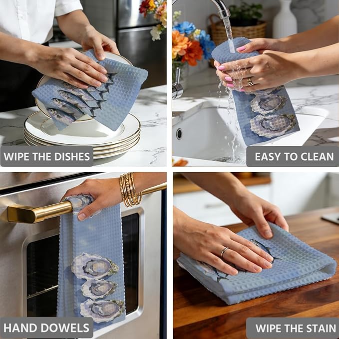 2PCS Vintage Sardines Oyster Kitchen Towels 14x24 Inch, Microfiber Decorative Dish Cloth Tea Towel, Sardines Waffle Hand Towels for Home Farmhouse Kitchen Bathroom, Housewarming Gifts for Women Men