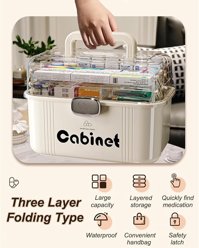 3-Tier Folding Medicine Cabinet Organizer with Handle, Clear Portable Medicine Storage Box for Home, Multifunctional First Aid Caddy with Secure Latches, Large Capacity Medical Supply Organizer
