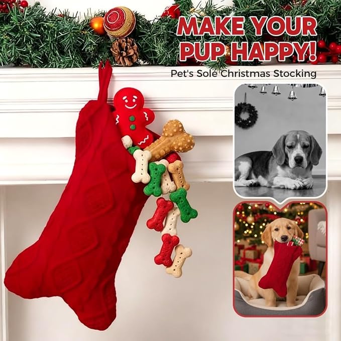 Christmas Dog Stocking, Knitted Bone-Shaped Christmas Stocking for Pets, 16.54x9.45 Inch Holiday Sock for Tree Decoration and Gift Storage (White)