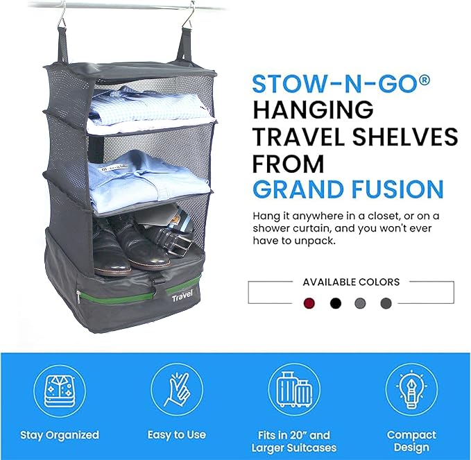 Stow-N-Go Hanging Travel Shelves, Packing Organizer for Luggage. Carry on Closet for Suitcase. Expandable Packing Cube. Travel Essentials. (Dark Gray - L, L = (L) 11.8" x (W) 11.8")