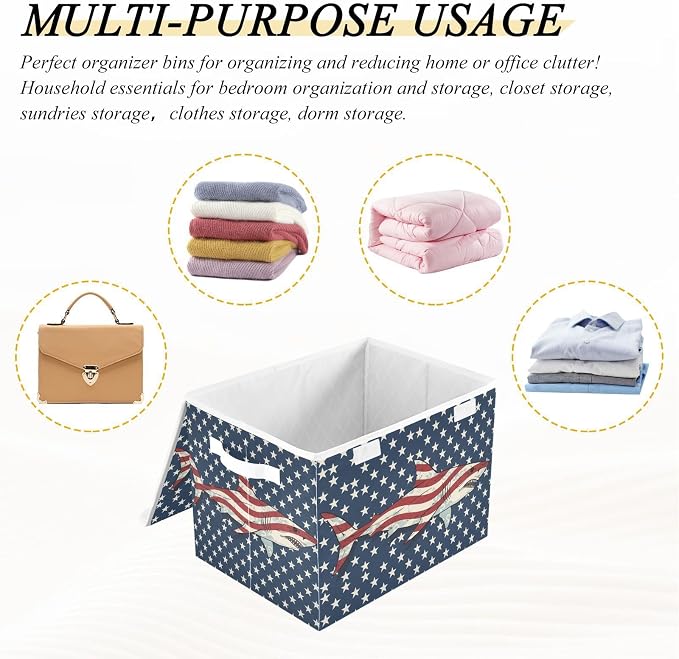 Fabric Storage Bins with Lid Patriotic Flag Shark Closet Storage Basket 40L | Decorative Storage Boxes, Foldable & Stackable, Dust-Proof Flip Top, Reinforced Handles, For Home & Dorm, Clothes & Toy Box