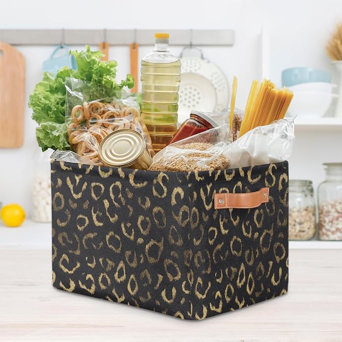 Pardick Black Gold Leopard Basket Storage Bins Large Fabric Toys Storage Cube Box with Handles Collapsible Closet Shelf Cloth Organizer Basket for Nursery Bedroom Bathroom Holiday Gift