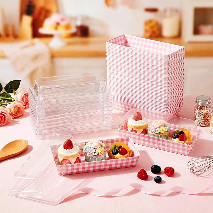 Bokon 50 Pack Pink Gingham Treat Boxes with Clear Lids, Window Dessert Boxes for Cookies Cupcakes Macarons, Disposable Bakery to Go Containers for Wedding Favors, Bridal Shower, Sweet 16 Party