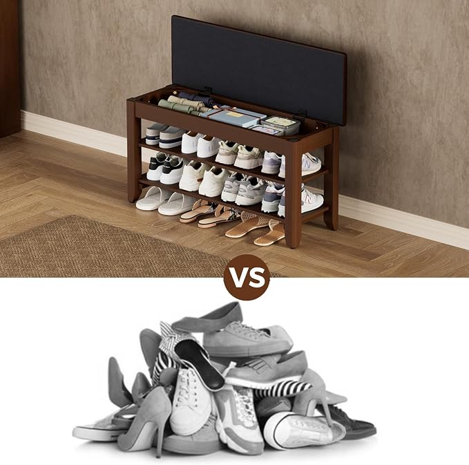 Homleke 31.5" Wide Solid Wood Shoe Rack Bench with Flip-Top Storage | 2-Tier Entryway Bench with Cushion, Adjustable Shelf, Holds Up to 8 Pairs, for Hallway, Bedroom and Closet, Walnut