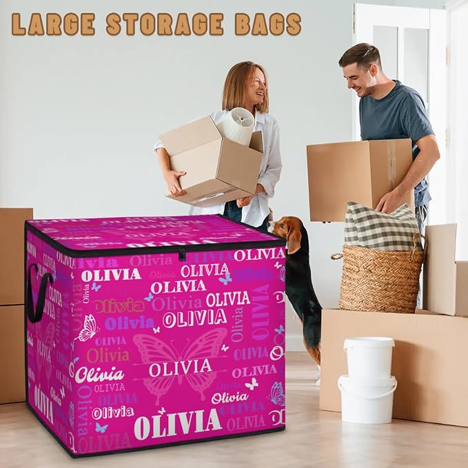 Custom Name Storage Bin with Lid, Personalized Extra Large Rosy Pink with Butterflies Storage Basket with Handles Zippers for Organizing Comforters, Blankets, Bedding Closet Shelf Baskets