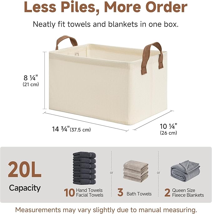 StorageWorks Closet Storage Bins, Shelves Baskets, Beige, 2-Pack | With Reinforced PU Handles, Sturdy Metal Frame, Collapsible, Basket for Shelves, Closet, Holds Clothes, Towels, Blankets