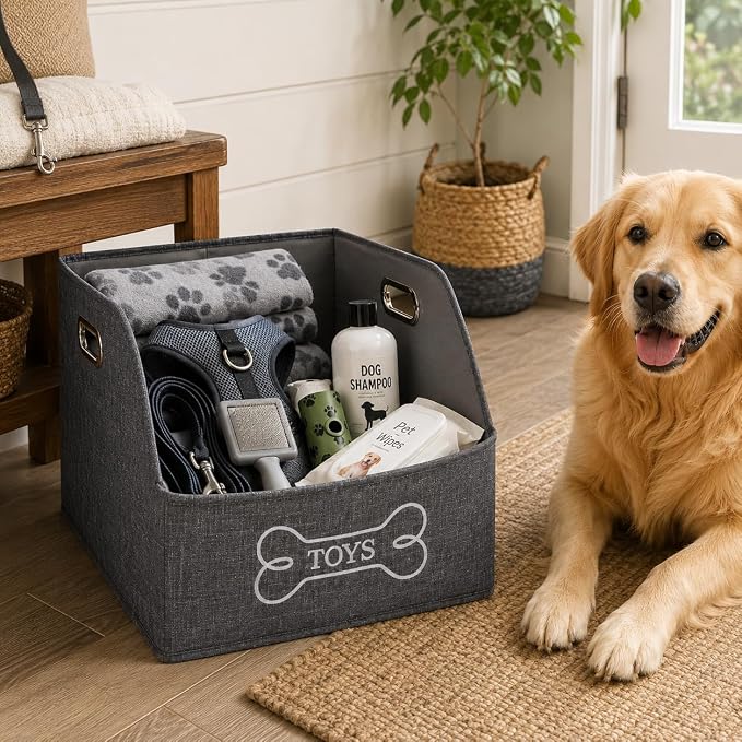 Large Dog Toy Storage Bin, Foldable Trapezoid Box with Handles | Canvas Fabric,Large Capacity, for Pet Supplies,Pet Toy Organizer Basket, Sturdy Metal Handles ,Easy Carry pet storage-Gray