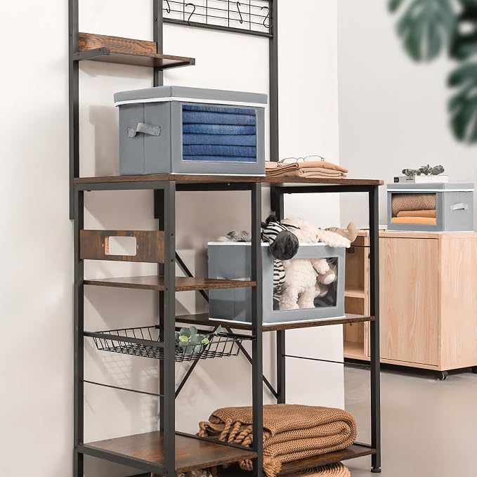 Storage Bins with Lids - Small Fabric Organizers with Window, Collapsible Storage Bins for Clothes, Decorative Closet Organizers for Towels, Tshirt, 3 Pack, Grey