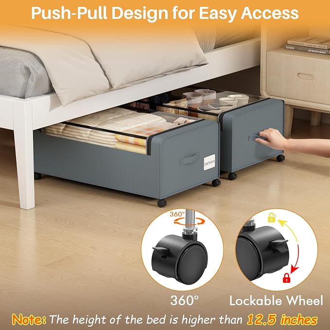 Webetop 12 Inch Under Bed Storage Containers, Rolling Organizer 2 Pack Grey | Transparent Cover, Reinforced Steel Frame, Smooth-Rolling Wheels, Easy Access, Seasonal Item Storage, Space Efficient