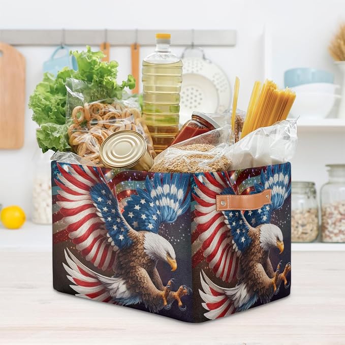 Pardick Basket Storage Bins American Flag Eagle Rectangle Cube Basket Box Kids Girls Boys Toys Organizer Beaket Decor Foldable with Handle for Living Room Bedroom Closet Nursery Office Shelf Gifts