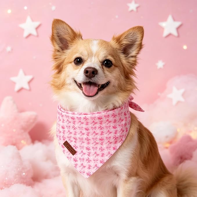 Pink Bow Dog Bandana, Bowtie Puppy Bandana for Girl Female Dogs, Soft Cotton Pet Triangle Bid Scarf Kerchief for Girl Boy Dogs or Cats