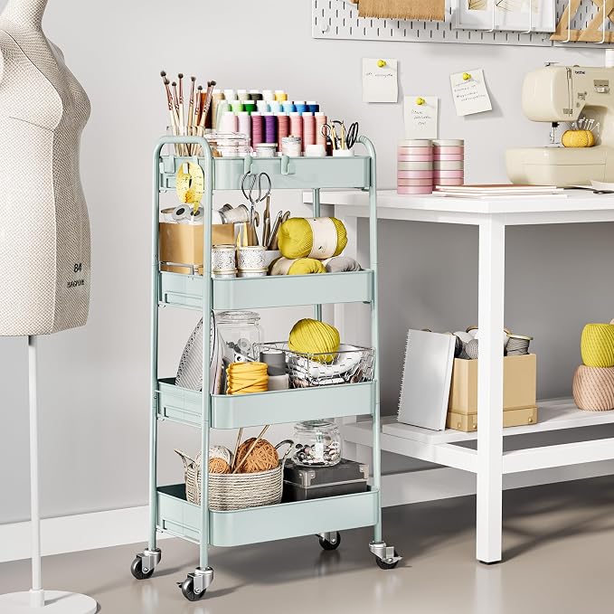 TOOLF 4 Tier Metal Rolling Cart, Utility Storage Cart with Wheels, Green | Screwless Assembly, Lockable Metal Wheels, Trolley Organizer for Bathroom, Kitchen, Office, Dorm, Laundry, Craft Room