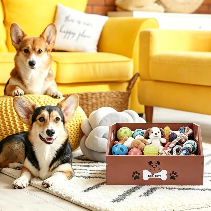 Large Dog Toy Bin Basket 16.5x11 Pinewood Dog Toy Storage Box Rerctangle Decorative Pet Toy Organizer with Paw Print Design & Handles for Pets Toys Food Blankets Clothes