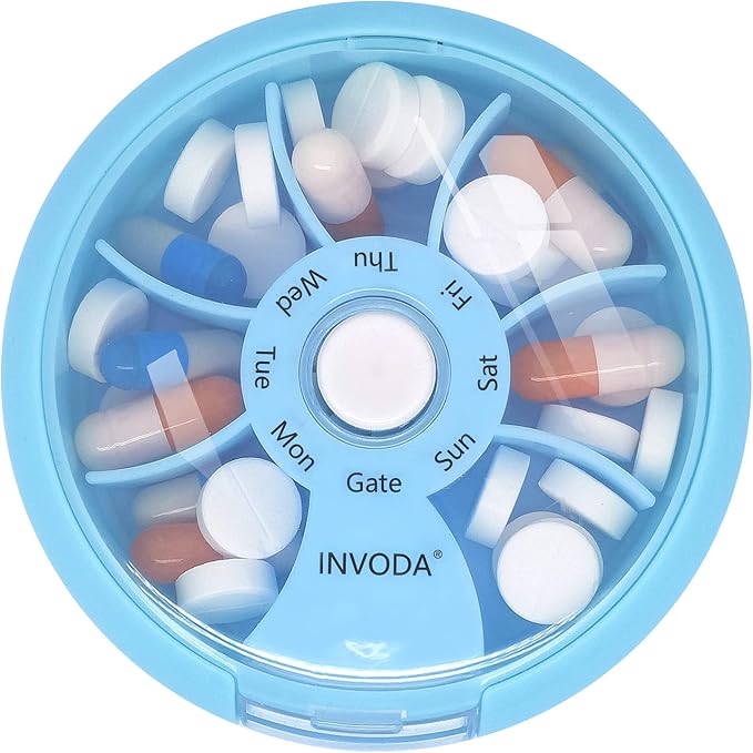INVODA Weekly Pill Organizer 7 Compartment Rotating Pill Box for Daily | Cute Round Pill Organizer Fit purse pocket or backpack Portable Travel Pill Case for Fish Oil Supplements Vitamins Medication