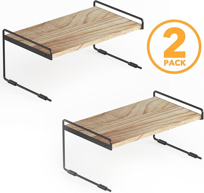 SpaceAid Cabinet Shelf Organizers 2 Pack, Kitchen Counter Organizer Rack Under Shelves Riser, Pantry Cupboard Storage Organization, Metal and Wood, Black and Natural, 16" Wide