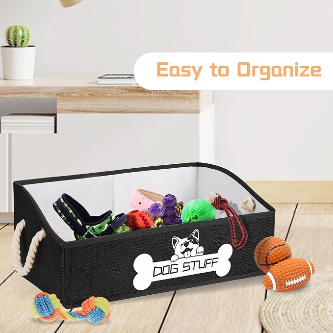 Dog Toy Basket, Storage Bin, Collapsible Box for Pet Accessories | Fabric Container With Handle, Trapezoid Holder for Small Medium dogs, Organizer for Living Room, Black