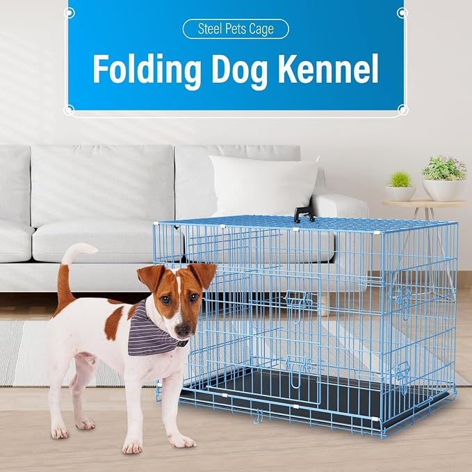 Dog Crates for Small Dogs 30" Folding Mental Wire Crates Dog Kennels Outdoor and Indoor Pet Dog Cage Crate with Double-Door,Divider Panel, Removable Tray,Blue