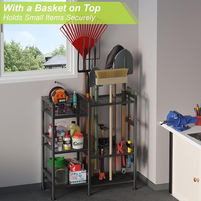 Garden Tool Organizer with Basket, 3-Tier Yard Storage Rack for Garage | 35 Long-Tool Slots: Steel rack adds 11 hooks, 10 small-tool slots, 2 metal clips and 4 leveling feet for sheds or yards.
