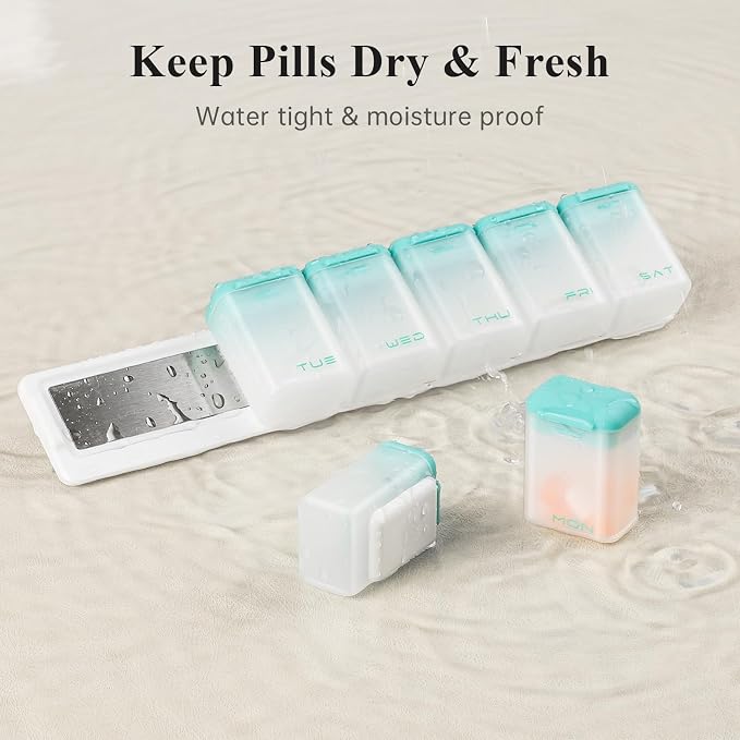 KOVIUU Weekly Pill Organizer, Magnetic Medicine Vitamin Case 1 Time a Day | Week Once Daily Supplement Box, Removable Medication Container Holder for Fridge, 7 Day Large Travel Pill Dispenser, Cyan