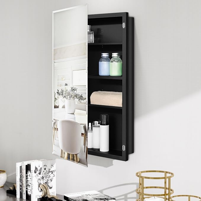 Black Metal Medicine Cabinet, 18 x 30 Beveled Mirror, Recessed Wall Storage | Bathroom Mirror Cabinet with Adjustable Staggered Shelves, Piano Hinge, Left/Right Swing, Fully Assembled, Matte Black Finish