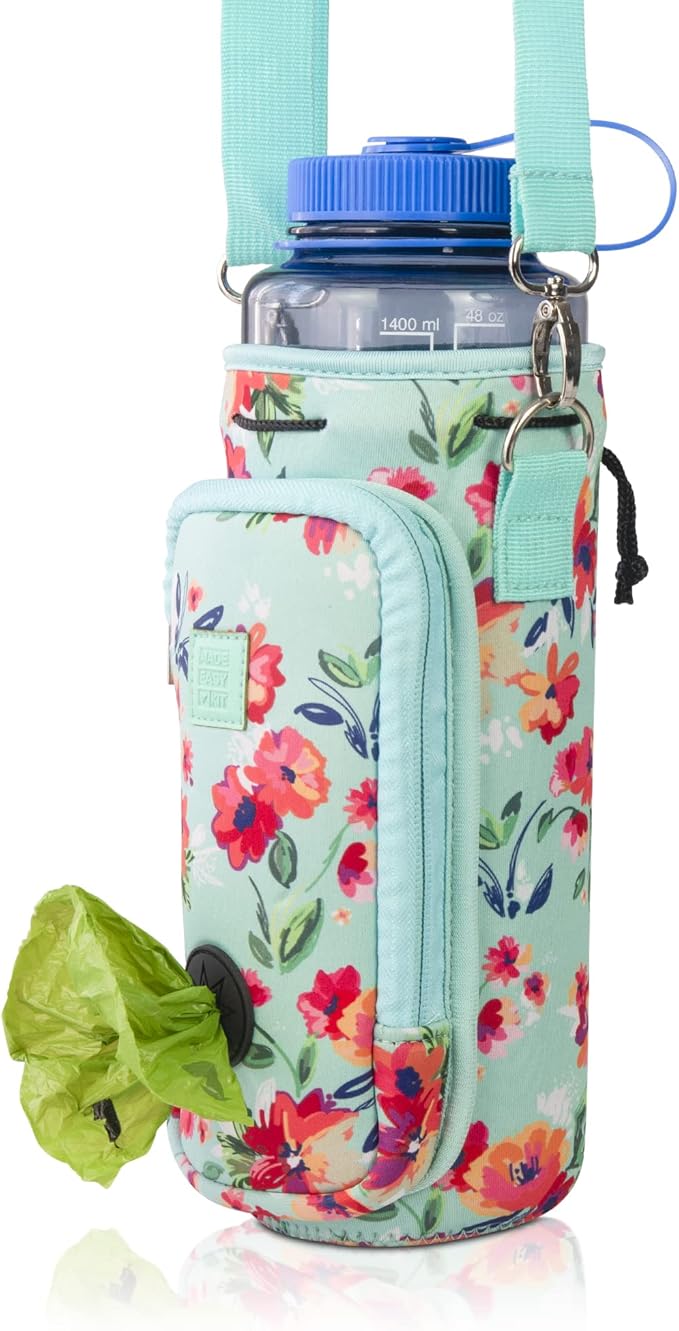 Made Easy Kit Water Bottle Carrier with Pocket for Dog Poop Waste Bags and Adjustable Padded Shoulder Strap (Tall & Large (40oz) with Bowl, Teal Floral)