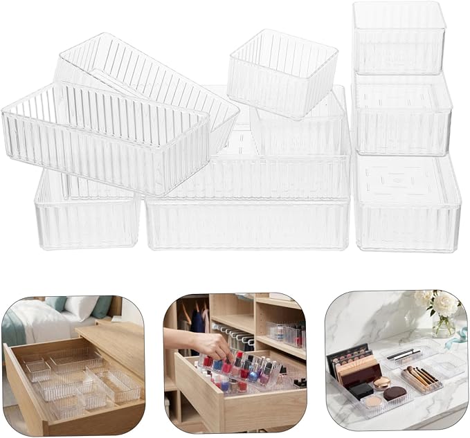 minkissy 10pcs Plastic Drawer Organizers Set with 13 Sizes, Stackable Pet Storage Boxes with Removable Dividers and Raised Edges, Easy to Clean Multi-use Vanity and Bathroom Counter