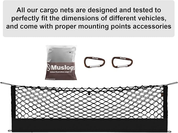 Muslogy Cargo Net for 2015-2021 Jeep Grand Cherokee Accessories (WK2 ONLY) | Custom Fit, Trunk Storage Organizer Net for SUV Sedan Van Divider, with Heavy Duty Carabiners, Night Visible Grab Handle