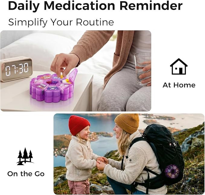 LANDNEOO Weekly Pill Organizer 2 Times a Day, Cute Double-Sided AM PM Pill Case 7 Day, Purple Travel Pill Box for Medication, Vitamins, Fish Oils, Supplements - Purple