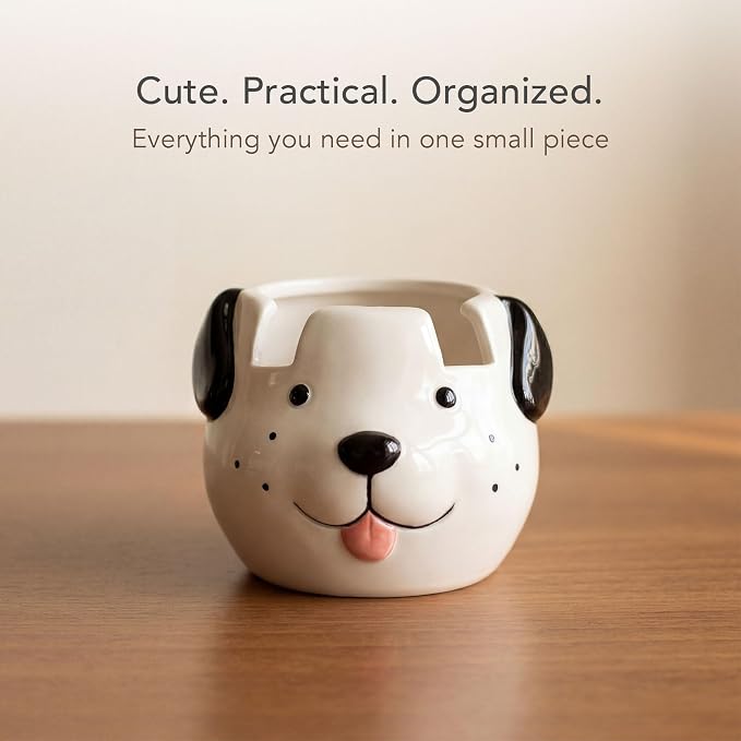 Glasses Holder Stand and Vase - Dog Ceramic Sunglasses and Eyeglasses Stand Gift Display and Decor Organizer for Desk Accessories and Stationery Items (White and Black)