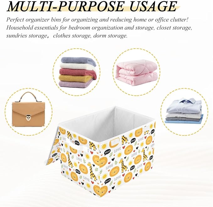 Storage Bins with Lid Giraffe Lion Foldable Storage Boxes 40L Baskets | Decorative Storage Boxes, 300D Oxford Cloth, Hollow Board Frame, Flip Top Velcro Lid, 16.5x12.6x11.8 inch, Collapsible Design
