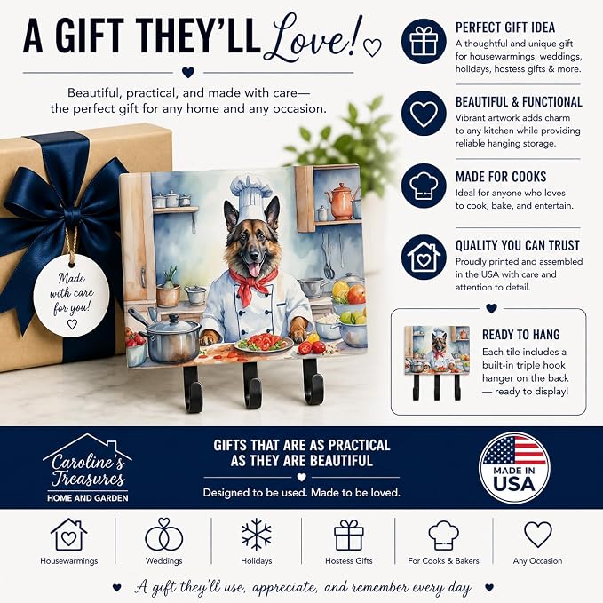 Caroline's Treasures Belgian Tervuren The Chef Leash or Key Holder Wall Hooks, Key Hooks Holder, Coat Rack Wall Mount, Coat Hooks, Hooks for Hanging Keys, Towels, Aprons, Leashes | Belgian Tervuren The Chef artwork on ceramic tile with three steel hook...