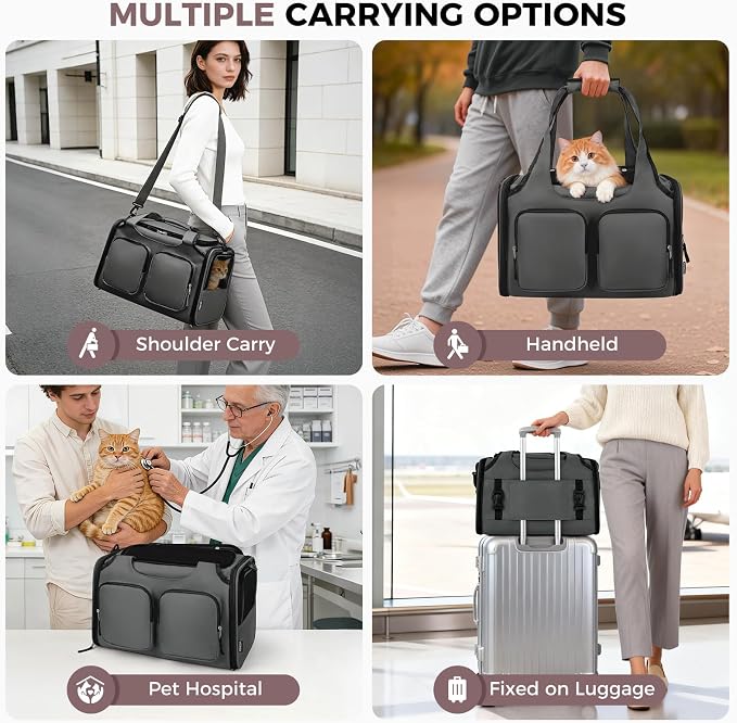 Dog Cat Carrier Airline Approved Collapsible Soft-Sided Pet Travel Bag | Pet Carrier Up to 12 lbs, Locking Zippers, Breathable Mesh, 4 Large Pockets, Removable Fleece Pad, Dark Grey