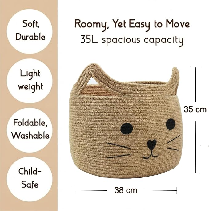 Storage Basket, Large 35L Woven Cotton Rope Baby Bin with Cat face, Cutout Handles, Foldable,Washable, Safe box for Pet's & Kid's toys, Stuffed Animals, Laundry Hamper (Cat - Jute)