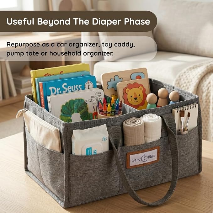 BabyBliss Polyester Diaper Caddy Organizer - Portable Wipe-Clean Nursery Storage Basket with Pockets and Dividers for Diapers, Wipes and Baby Essentials - For Nursery, Living Room and Car