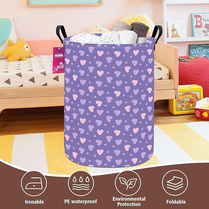 Purple heart Fabric Storage Bin Nursery Organizer Basket | Organizer Bin Dirty Clothes Collapsible Waterproof for College Dorms, Boys and Girls Bedroom,Bathroom