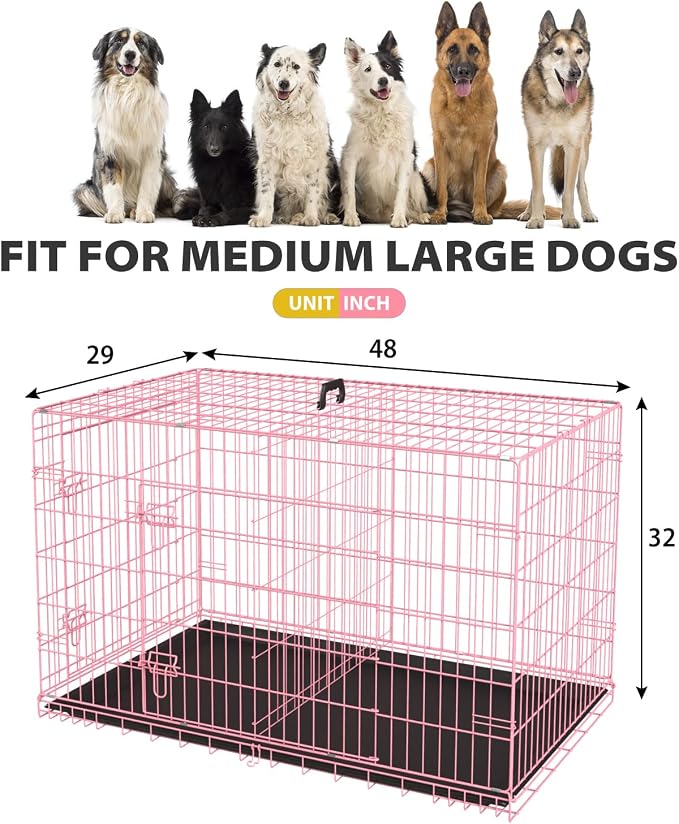 BestPet | Dog Crate | 48" | Pink | Foldable Metal Kennel with Double Doors | Secure Slide-Bolt Latches, Leakproof Tray | Portable Dog Cage for Large Breeds | for Travel, Indoor & Outdoor Use