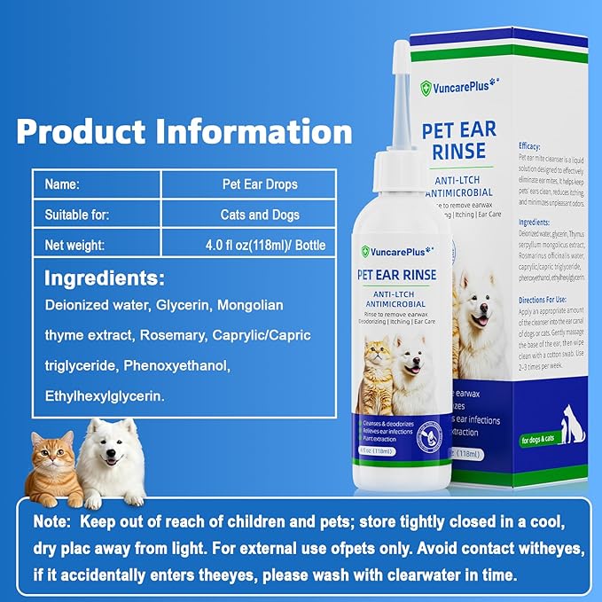Cat & Dog Ear Cleaner Solution, Soft Nozzle Ear Treatment for Dogs & Cats, Gently Removes Ear Wax & Debris, Soothes Ear Itching & Inflammation, Deodorizing Pet Ear Wash with Thyme 4 fl oz