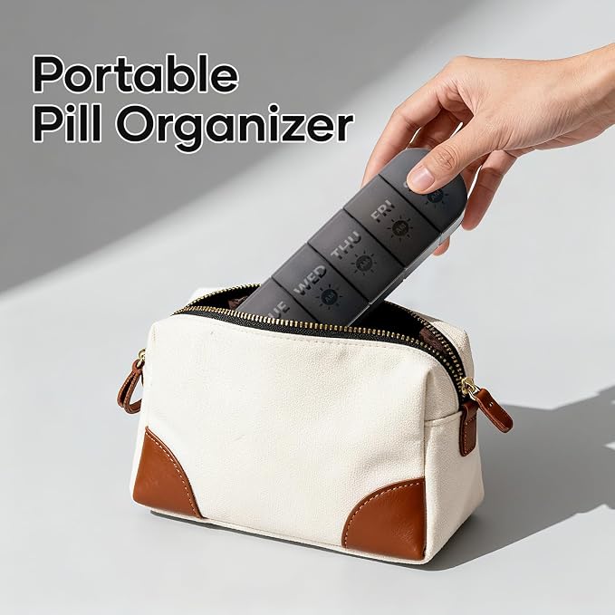 Weekly Pill Organizer 2 Times a Day, Travel Medicine Pill Organizer, Pill Box Case 7 Day AM PM BPA-Free, Pill Container for Vitamins, Fish Oil, Supplements and Medication, Black