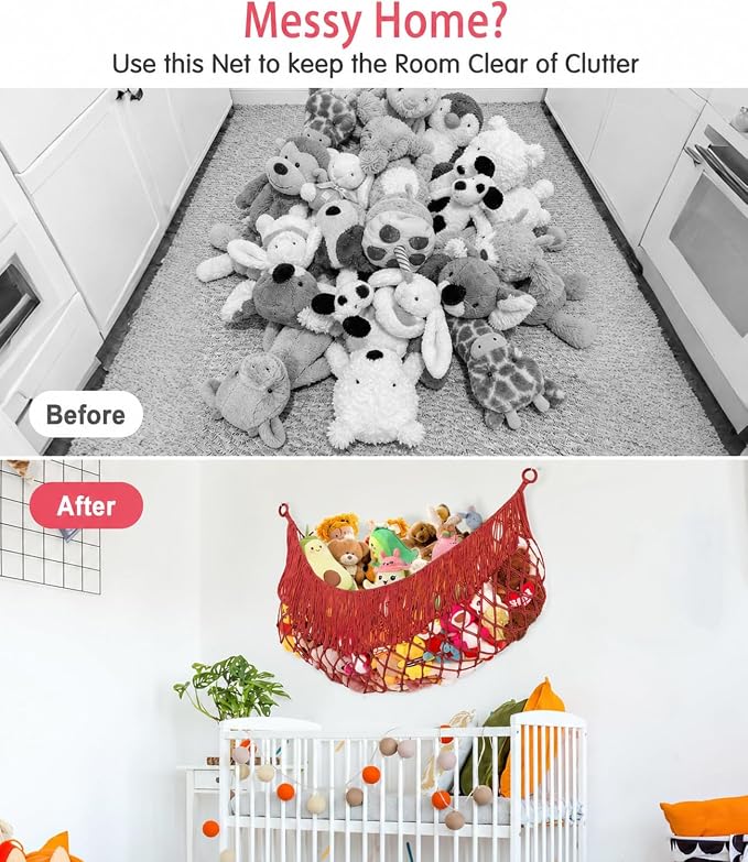 Stuffed Animal Hammock - Extra Large 63'' Long (Red) | Premium Cotton Hand-knitted, Beautiful Long Tassel, Storage Hanging Organizer, Can Fit Stuffed Animals 40 Piece or More