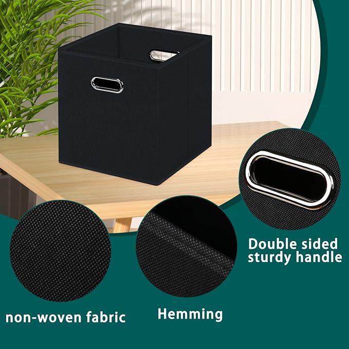 Black Foldable Storage Cubes Bins, Fabric Storage Box Cubes Organizer Baskets with Dual Handles for Home Organizer,Set of 6,(Black)
