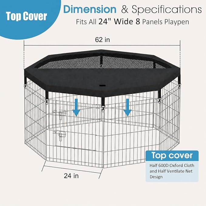 Peekaboo Dog Playpen 36 Inch, 8 Panel Metal Pet Fence with Top Cover | 36 Inch 8 Panel Foldable Rustproof Metal Dog Playpen with Octagonal Top Cover