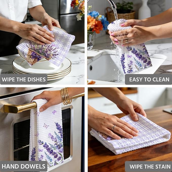 Lavender Purple Flower Kitchen Towels, Quick Dry Multipurpose Waffle Weave Hand Towels for Bathroom, Absorbent Reusable Cloth Tea Dish Towels for Home Decor, Lavender Lover Gift Towel Set of 2
