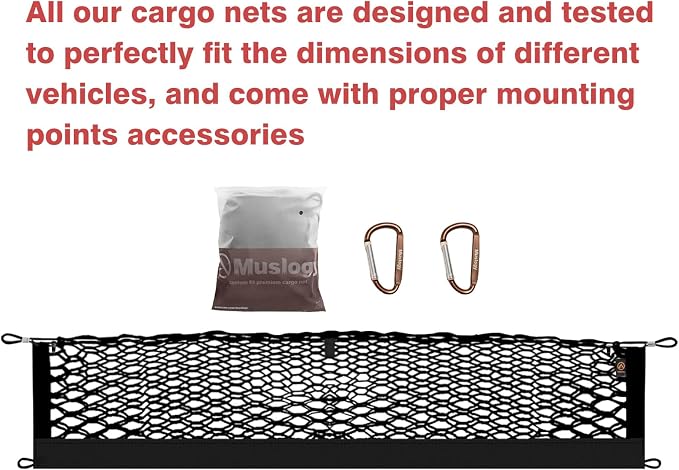 Muslogy Cargo Net for 2015-2020 Chevy Tahoe, GMC Yukon, Cadillac Escalade | Custom Fit, Trunk Storage Organizer Net for SUV Sedan Van Divider, with Heavy Duty Carabiners, Night Visible Grab Handle