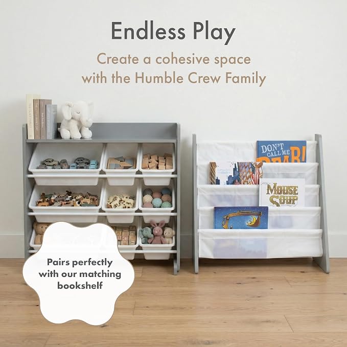 Humble Crew Kids Toy Organizer with Display Shelf, 9 Bins, 3 Tier Storage | Sturdy wood and steel toddler shelf, removable BPA-free containers, wall anchor anti-tip safety kit for bedroom or classroom