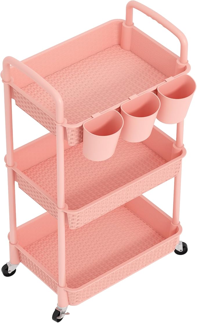 MOYIPIN 3-Tier Plastic Rolling Utility Cart with Handle,Pink | Utility Storage Cart for Office, Living Room, Kitchen,Movable Storage Organizer,Easy installation,Rattan-like art design