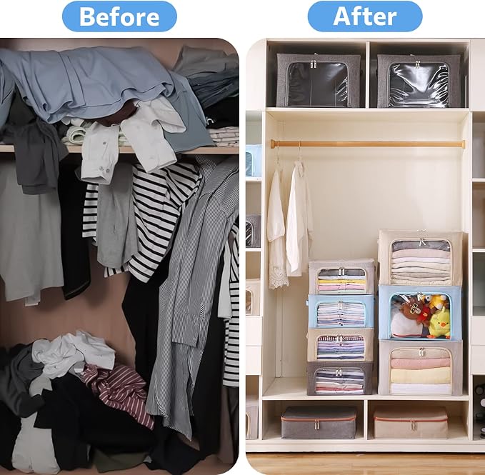CYhom 3Pack Foldable Storage Bins - Frame Storage Box Linen Fabric Stackable Clothes Container Organizer with Clear Window & Carry Handles Large Capacity (Small-22L, Beige)