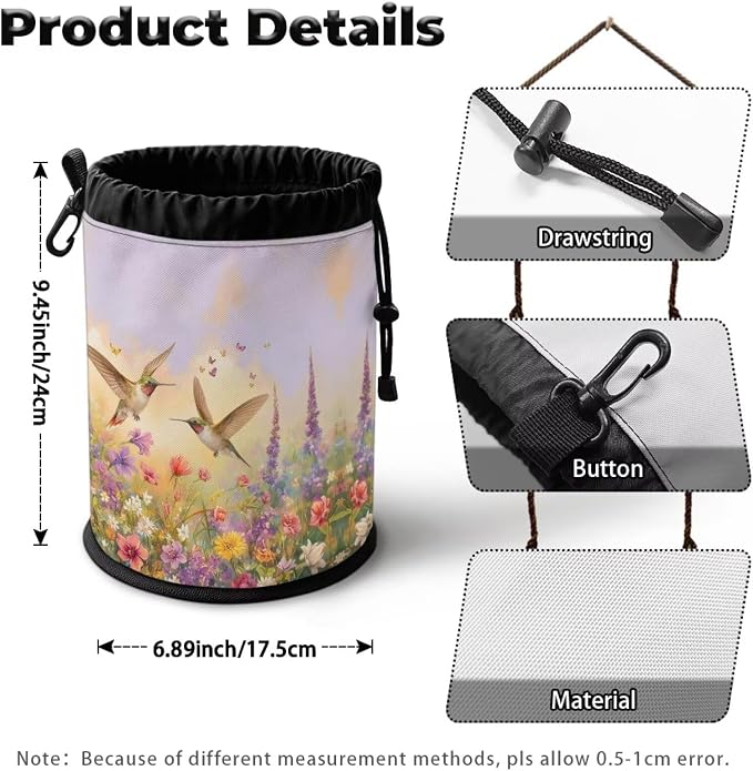 Hummingbird Floral Clothespin Bag for Clothesline Outdoor, Clothes Pin Bag with Drawstring Closure, Moisture Resistant, Large Capacity Laundry Clothespin Storage with Hook
