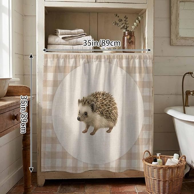 Hedgehog Cabinet Dishwasher Hidden Curtains, Privacy Closet Door Curtain, Vintage Farmhouse Linen Plaid Rustic Animal Adhesive Dust Proof Under Sink Skirt for Bathroom Kitchen 35"x35"