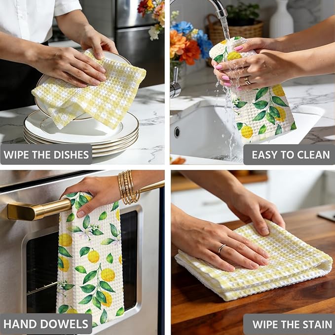 Lemon and Yellow Checkered Kitchen Towels, Quick Dry Multipurpose Waffle Weave Hand Towels for Bathroom, Absorbent Reusable Cloth Tea Dish Towels for Home Decor, Lemon Lover Gift Towel Set of 2