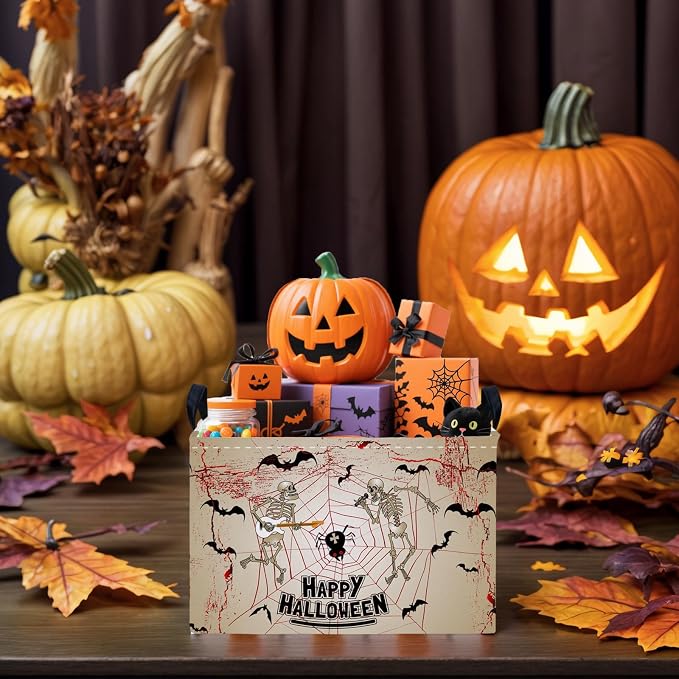 Halloween Basket Gift Terror Ghost Parties Decor Kid Trick or Treat Basket for Boys and Girls Rectangular Storage Bin Box (Skeleton Bat)
